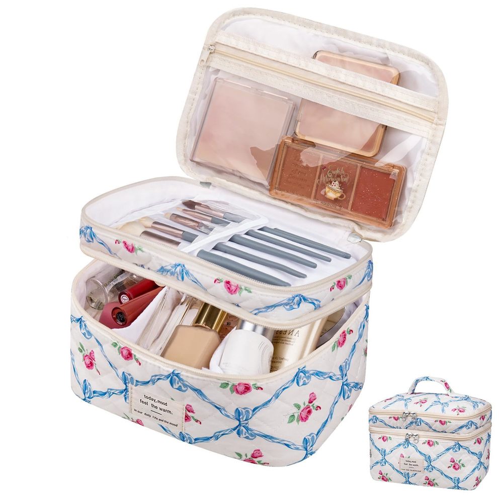 Makeup Bag, Large Cosmetic Bag For Women Girls, Cute Quilted Makeup Bags,😋